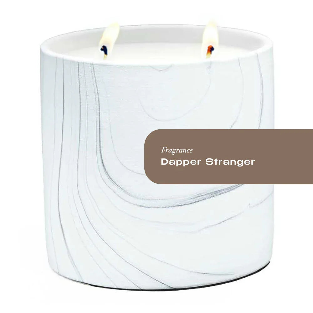White marble ceramic candle with gray and black swirls, 17oz Dapper Stranger candle by Sky Erebus.