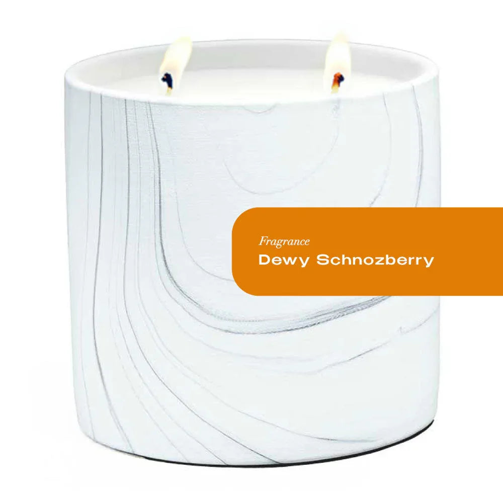 White marble ceramic candle vessel with gray and black swirls, Dewy Schnozberry scent