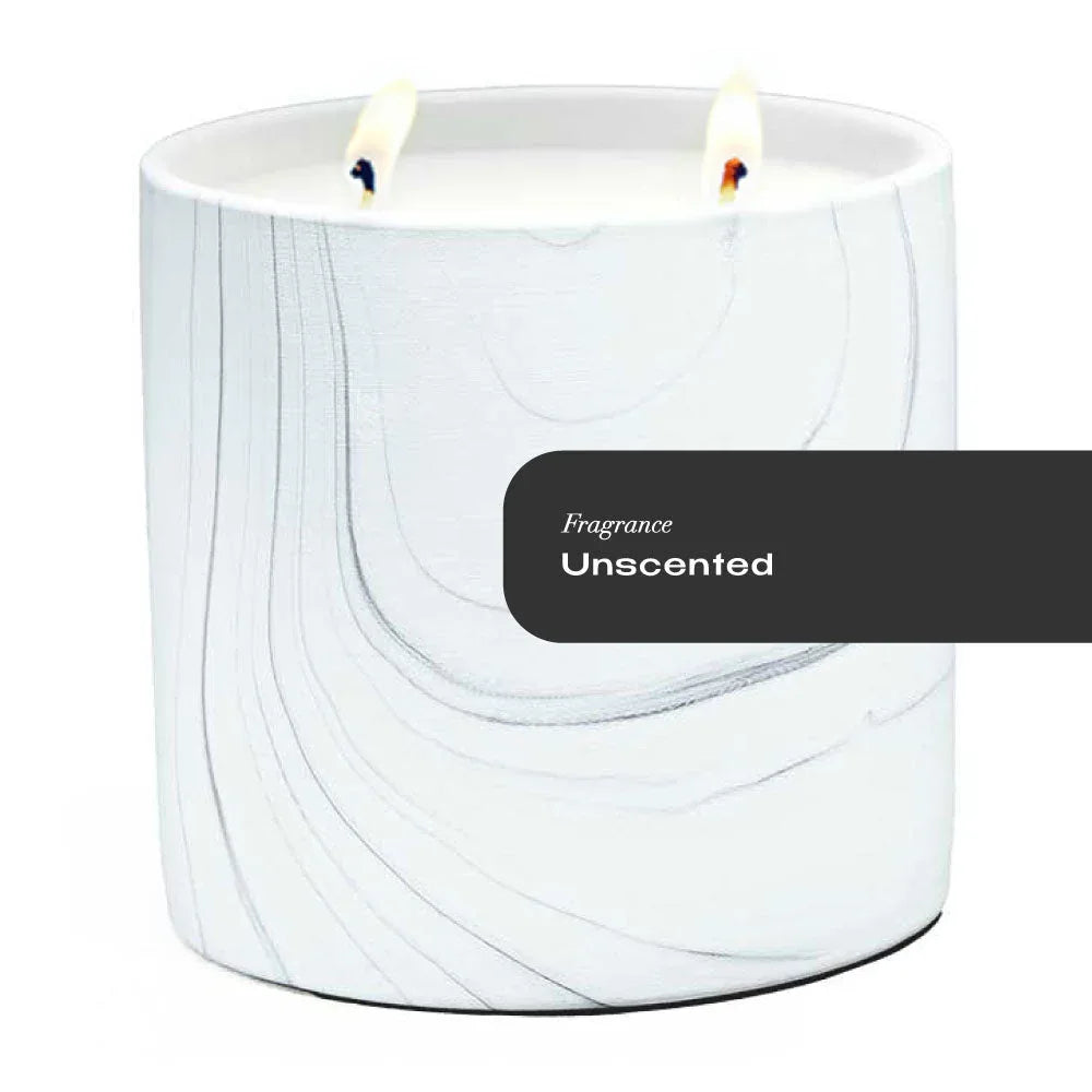 White marble ceramic candle vessel with gray and black swirls, 17oz unscented candle inside.