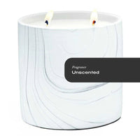 White marble ceramic candle vessel with gray and black swirls, 17oz unscented candle inside.