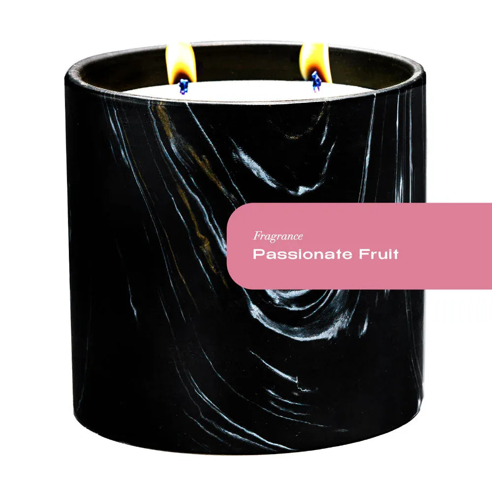 Hand-painted black ceramic vessel with white and gold marquina swirls for Passionate Fruit Black Marquina Candle.