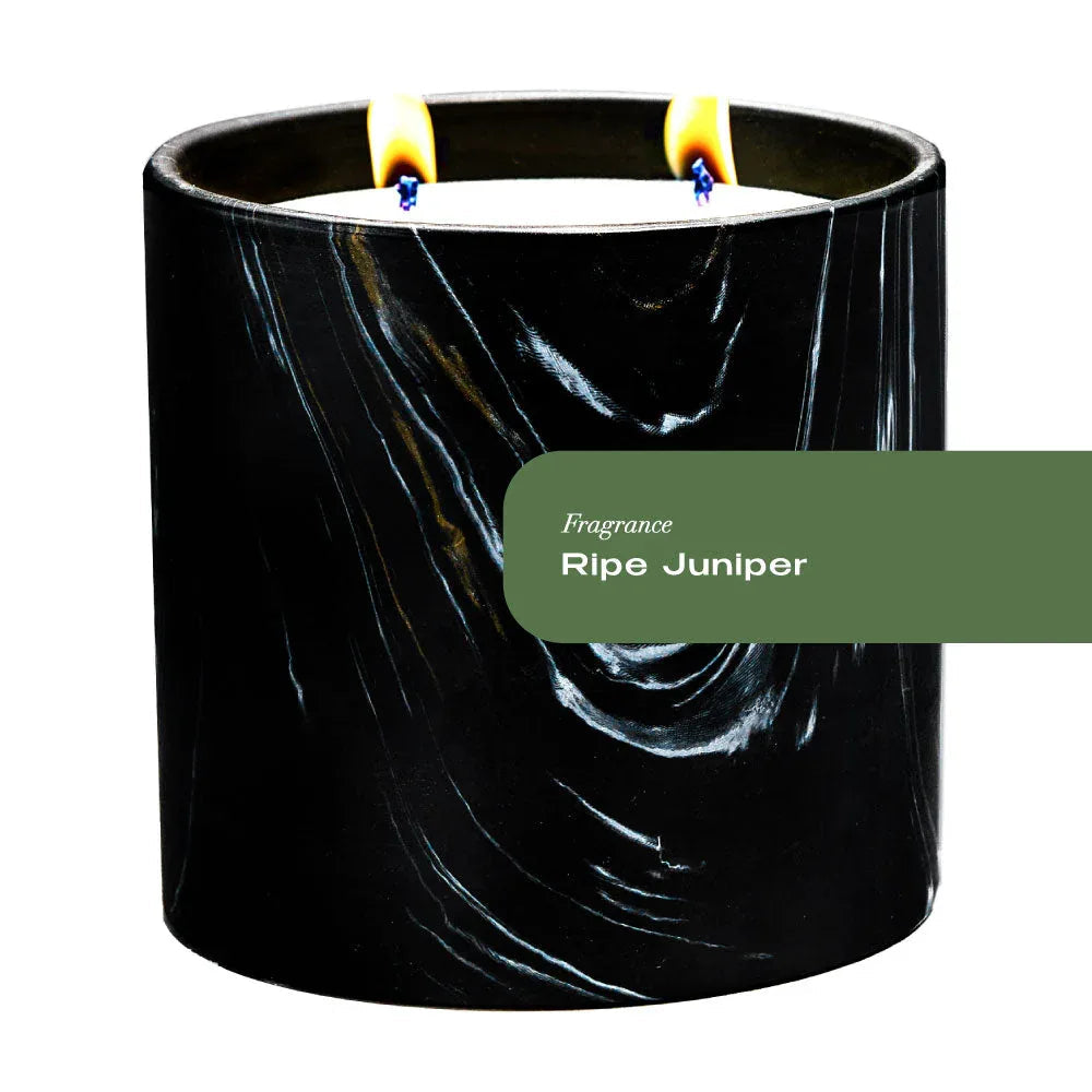 Hand-painted black ceramic candle vessel with white and gold marquina swirls