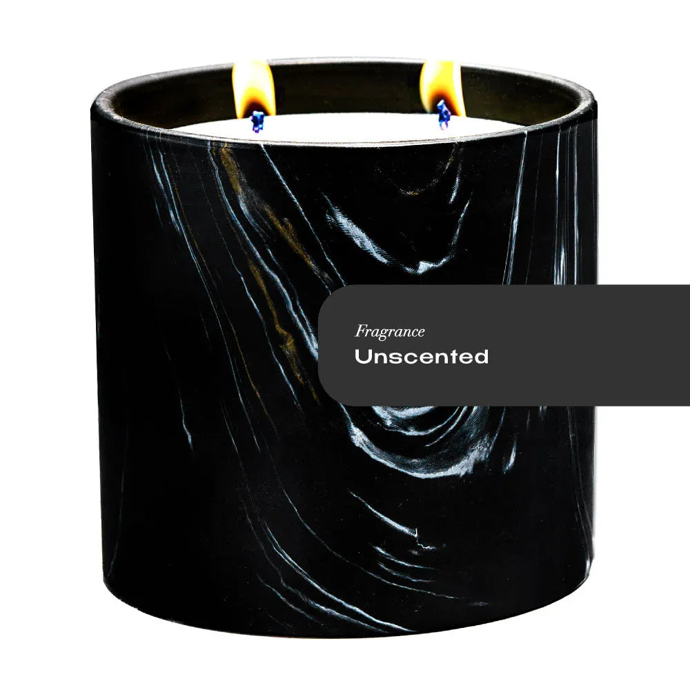Black marquina ceramic candle with white and gold swirls, unscented, 17oz, minimalist design.