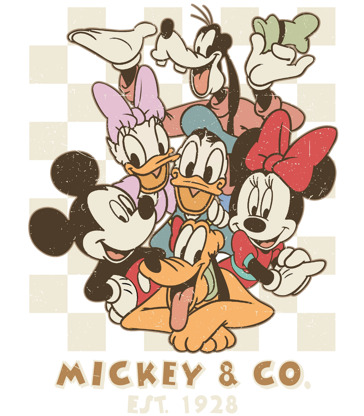 Retro Mickey & Co digital design with vintage stripes featuring Mickey, Minnie, Donald, Goofy, and Pluto in earth tones.
