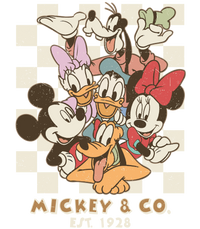 Retro Mickey & Co digital design with vintage stripes featuring Mickey, Minnie, Donald, Goofy, and Pluto in earth tones.