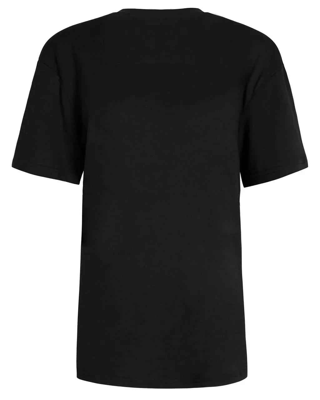Back view of black t-shirt laid flat, highlighting embroidered bee design near collar.