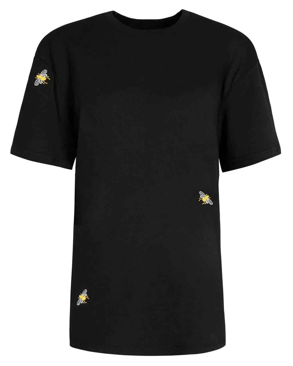 Black t-shirt front and back views showing embroidered bee on chest and upper back.
