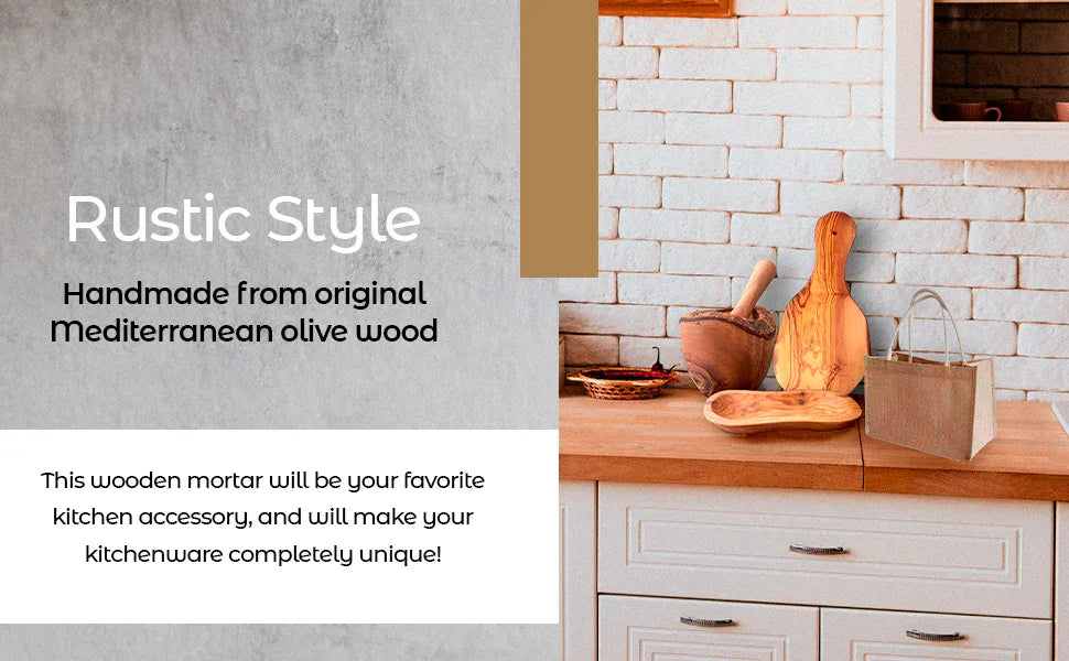 Mortar and pestle on kitchen counter surrounded by spices and herbs.