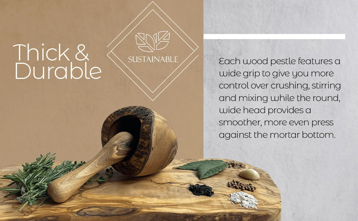 Side angle of olive wood mortar and pestle displaying textured wood surface.