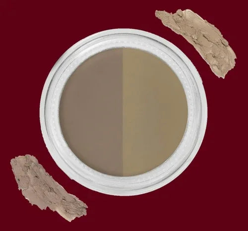 Taupe eyebrow gel shade called Mystical Taupe shown in open jar with accompanying brush