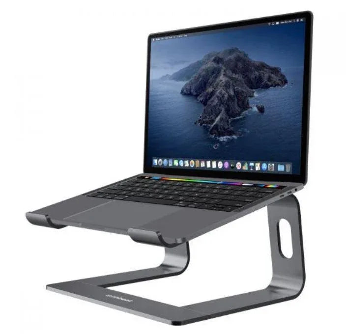Space grey MBEAT Stage S1 elevated aluminium laptop stand supporting a laptop on a white surface