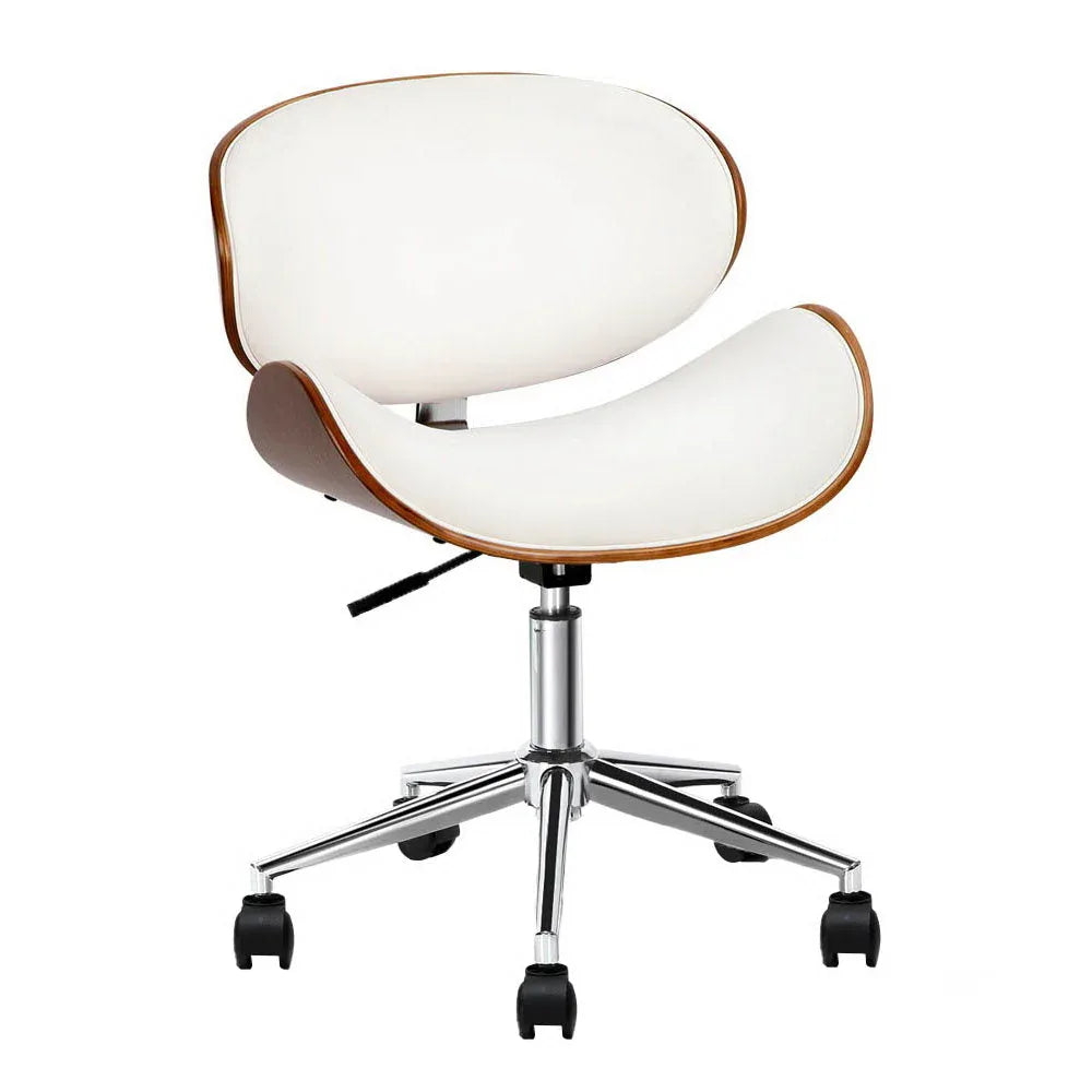 White office desk chair with wooden frame and PU leather upholstery, shown from a side angle on a white background.