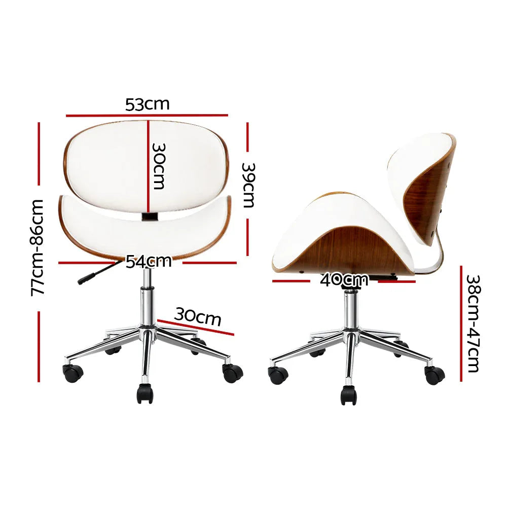 Front view of the white wooden office chair featuring a curved seat and winged backrest.