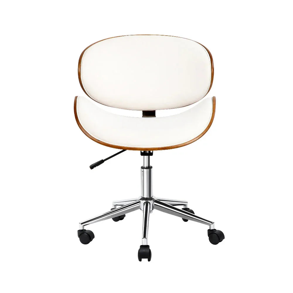 Close-up detail of the chair's wooden armrest and smooth PU leather seat surface.