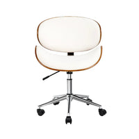 Close-up detail of the chair's wooden armrest and smooth PU leather seat surface.