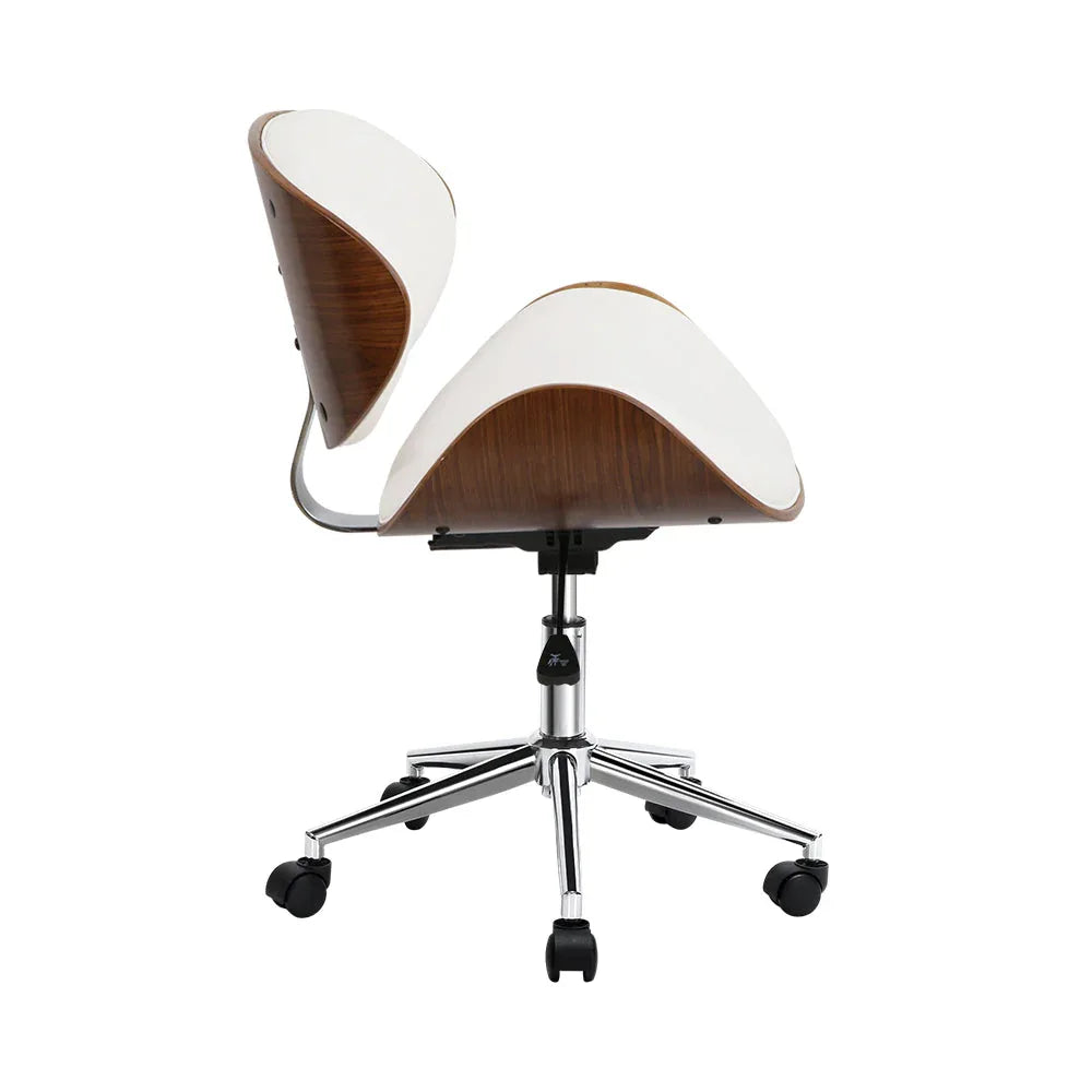 Back view of the white office chair showing the curved wooden frame and backrest design.