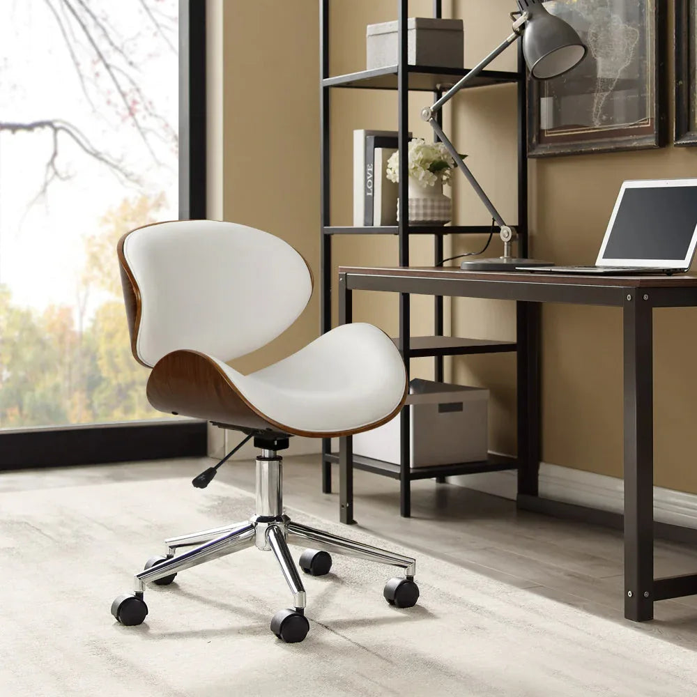 Overhead side view of the modern white office chair highlighting the wooden frame and sleek design.
