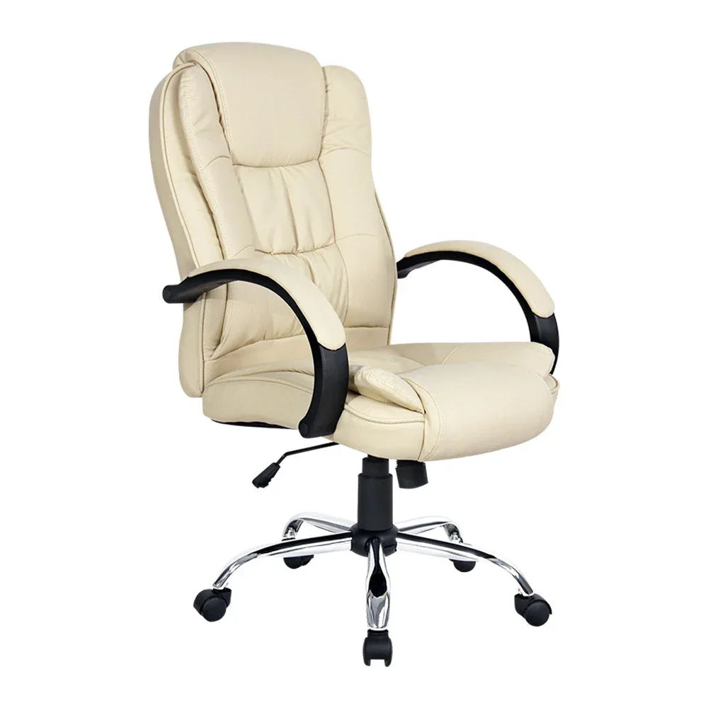 Black PU leather high-back Artiss office chair with padded headrest and armrests on chrome base with wheels.