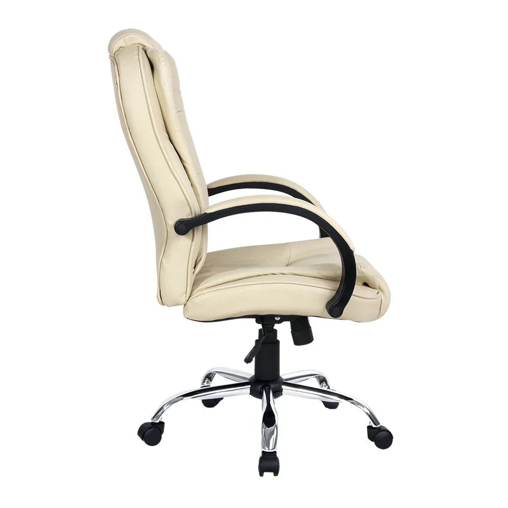 Tilted Artiss office chair highlighting adjustable height mechanism and chrome base with castors.