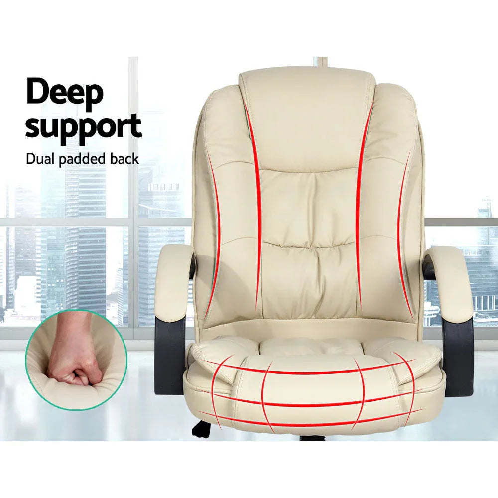 Artiss office chair armrest and stitching detail in premium black PU leather.