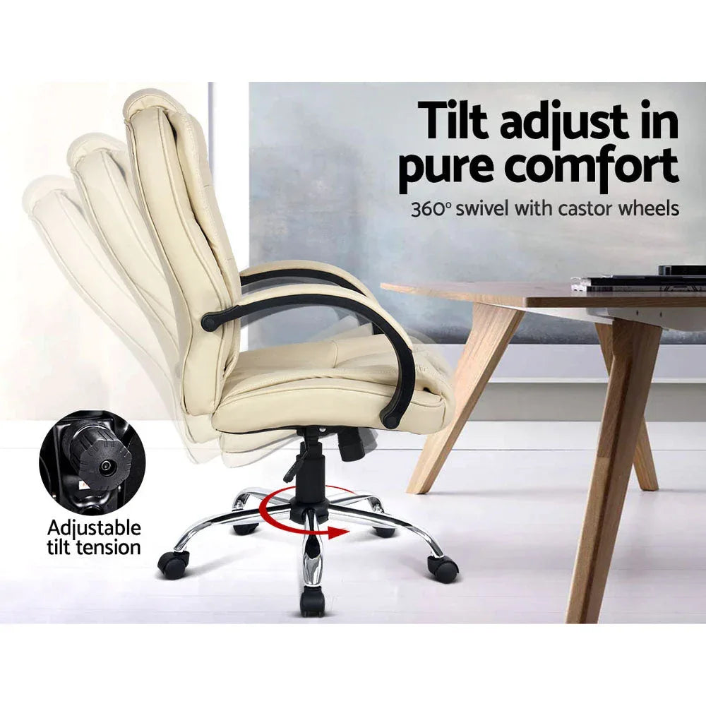 Chromed swivel base and five smooth castors under premium PU leather office chair.