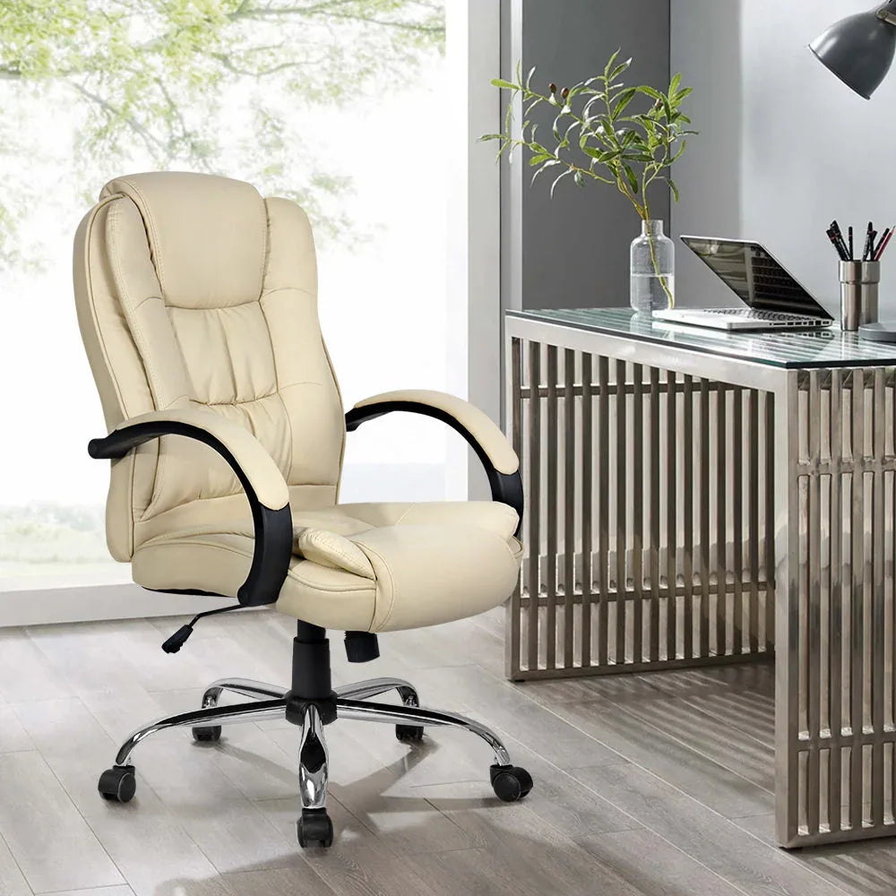 Artiss office chair angled to show padded headrest, armrest and modern chrome wheelbase.