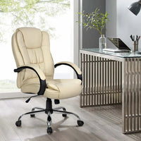 Artiss office chair angled to show padded headrest, armrest and modern chrome wheelbase.