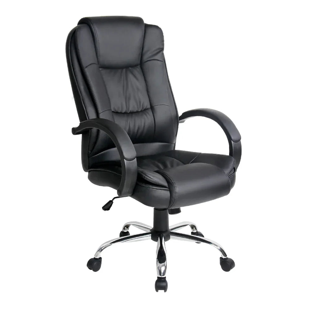 Black Artiss office chair with high back and padded armrests, shown from the front in a modern office setting.