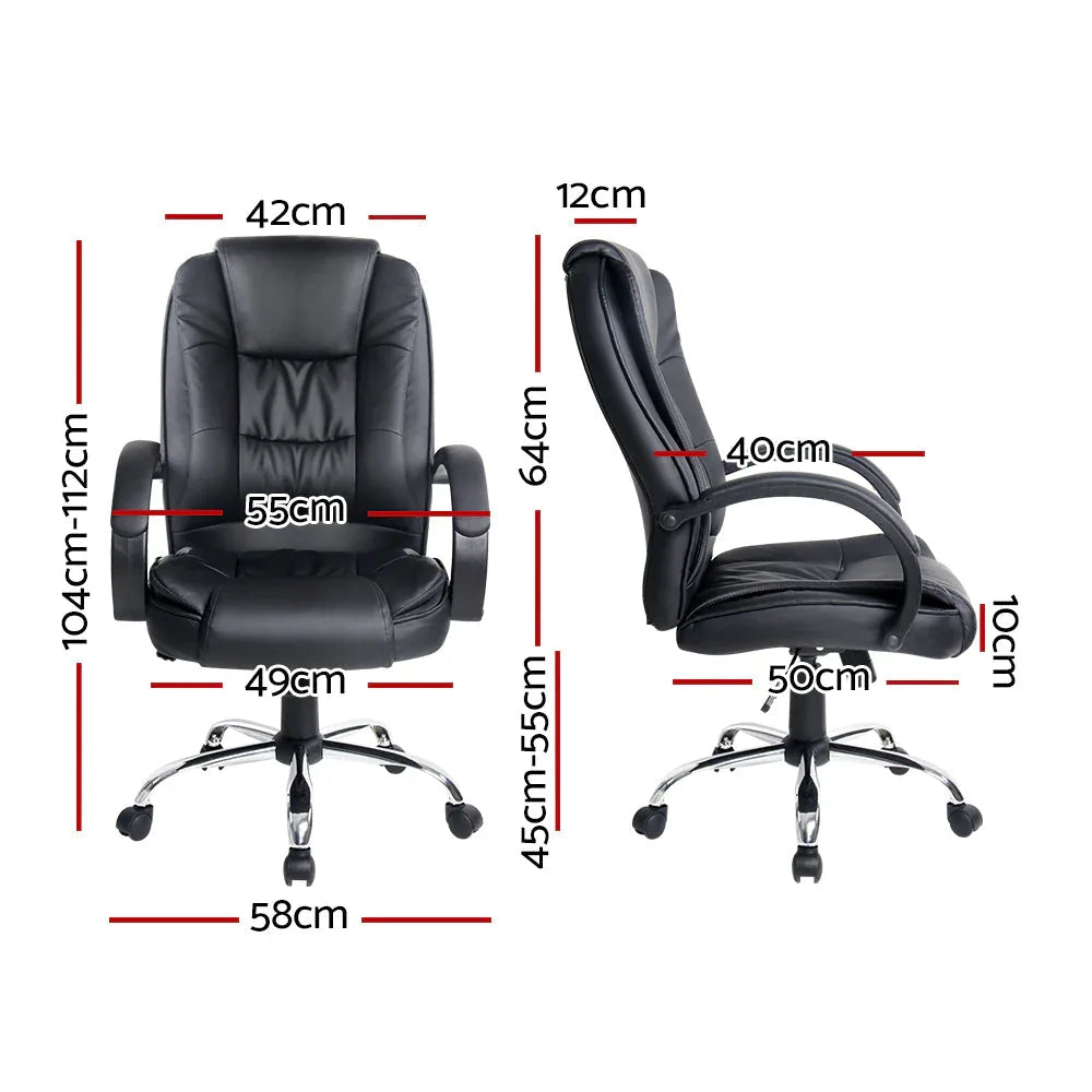 Side view of black PU leather office chair highlighting padded armrest and seat cushioning.