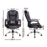Side view of black PU leather office chair highlighting padded armrest and seat cushioning.