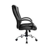 Black executive office chair showing chrome base with five caster wheels on wooden floor.