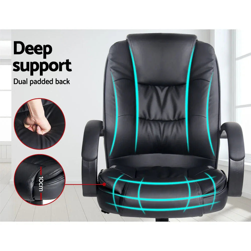 Adjustable height lever and tilt mechanism under the seat of the PU leather office chair.
