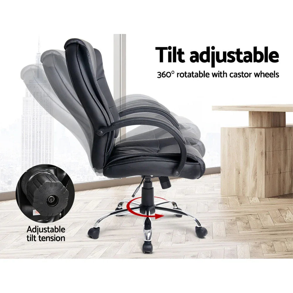 Rear view of high-back black office chair showing upholstery and back support design.