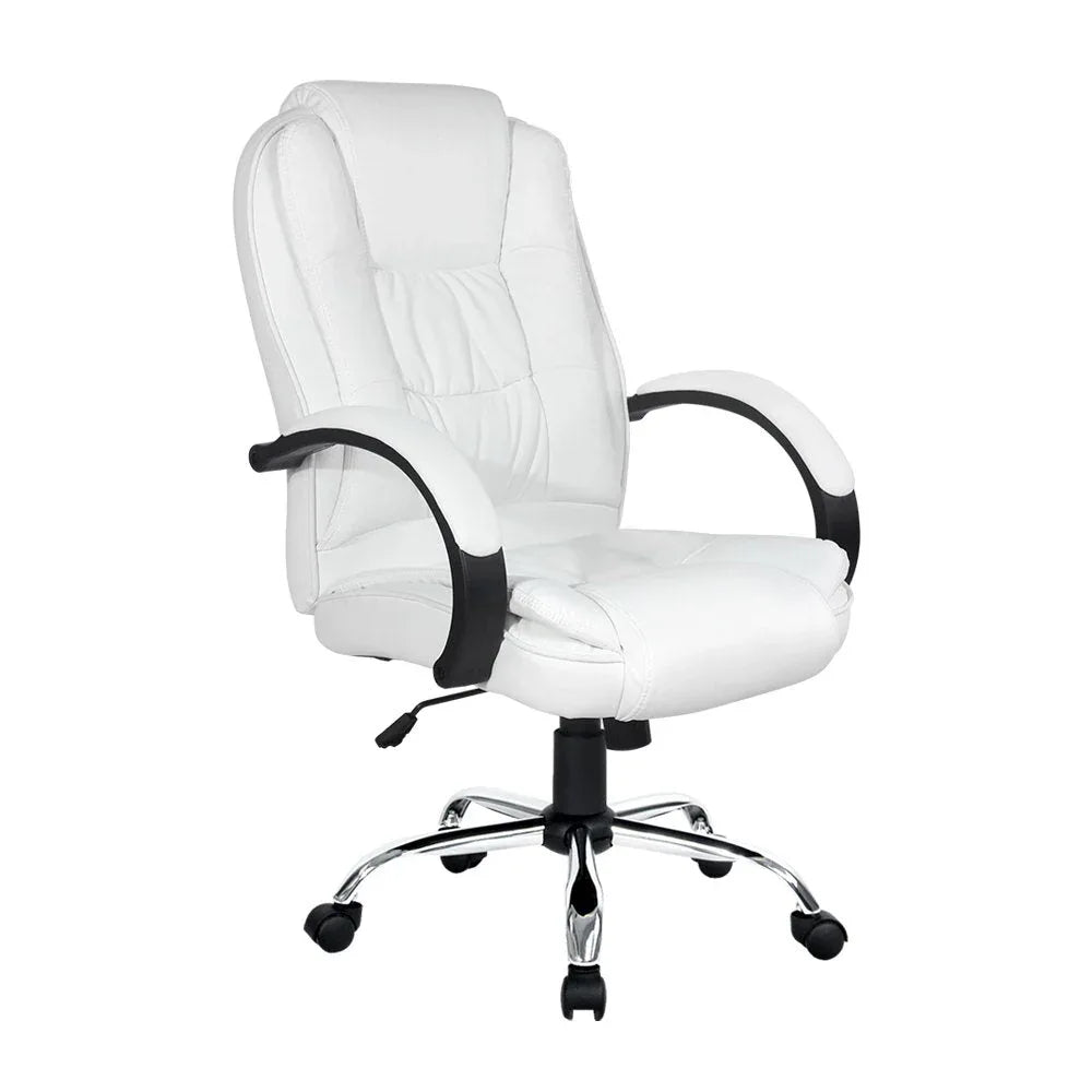 White Artiss Rainier office chair with high back and padded headrest viewed from front left.