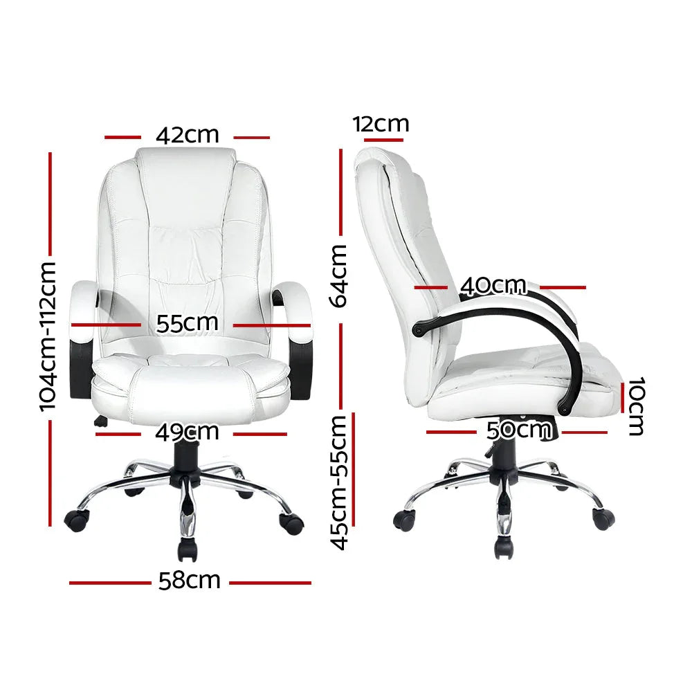 Side view of white Artiss office chair showing padded armrest and seat details.