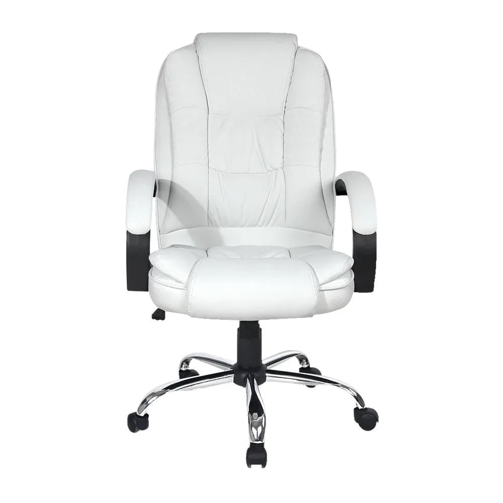 Back view of white PU leather office chair featuring chrome base and five castors.