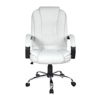 Back view of white PU leather office chair featuring chrome base and five castors.