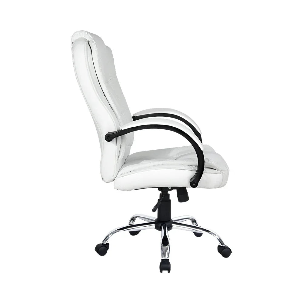 Close-up of padded headrest and high back design on white office chair.