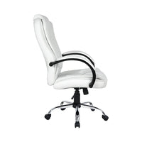 Close-up of padded headrest and high back design on white office chair.