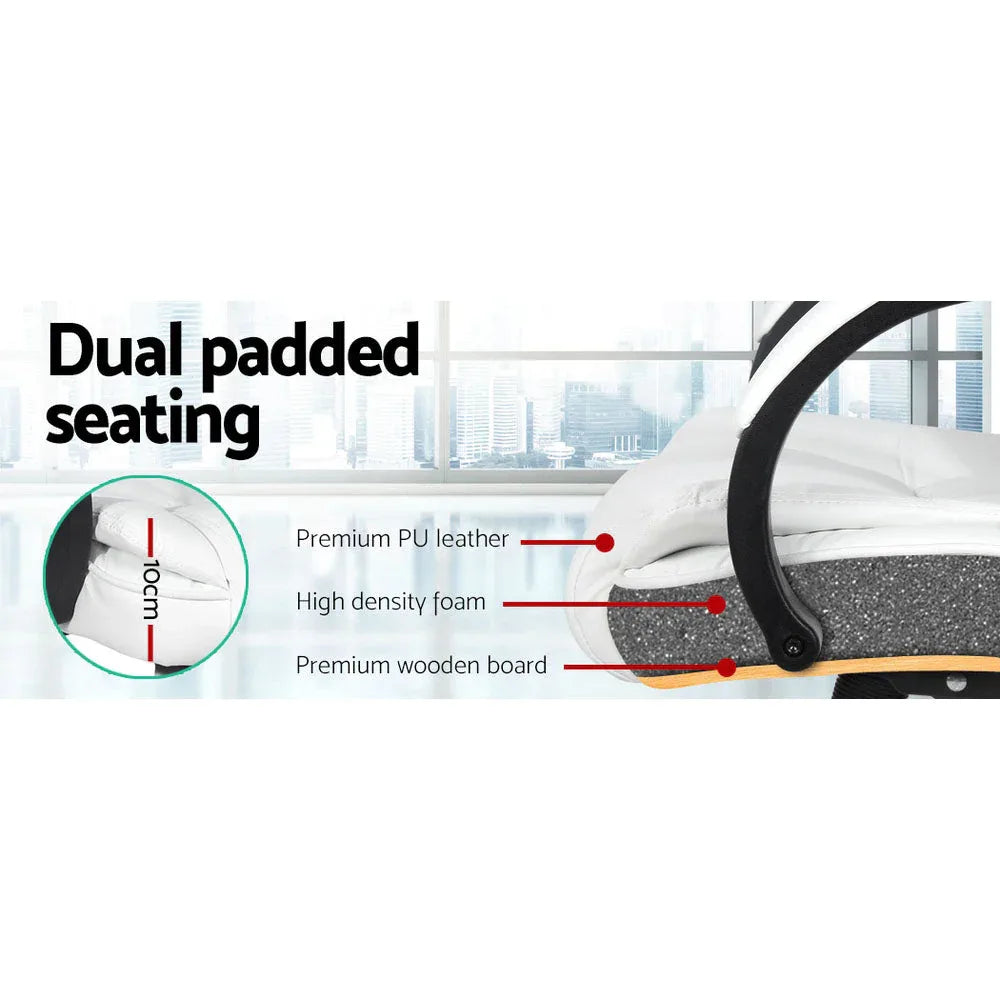 White executive office chair tilted back highlighting height adjustment and swivel base.