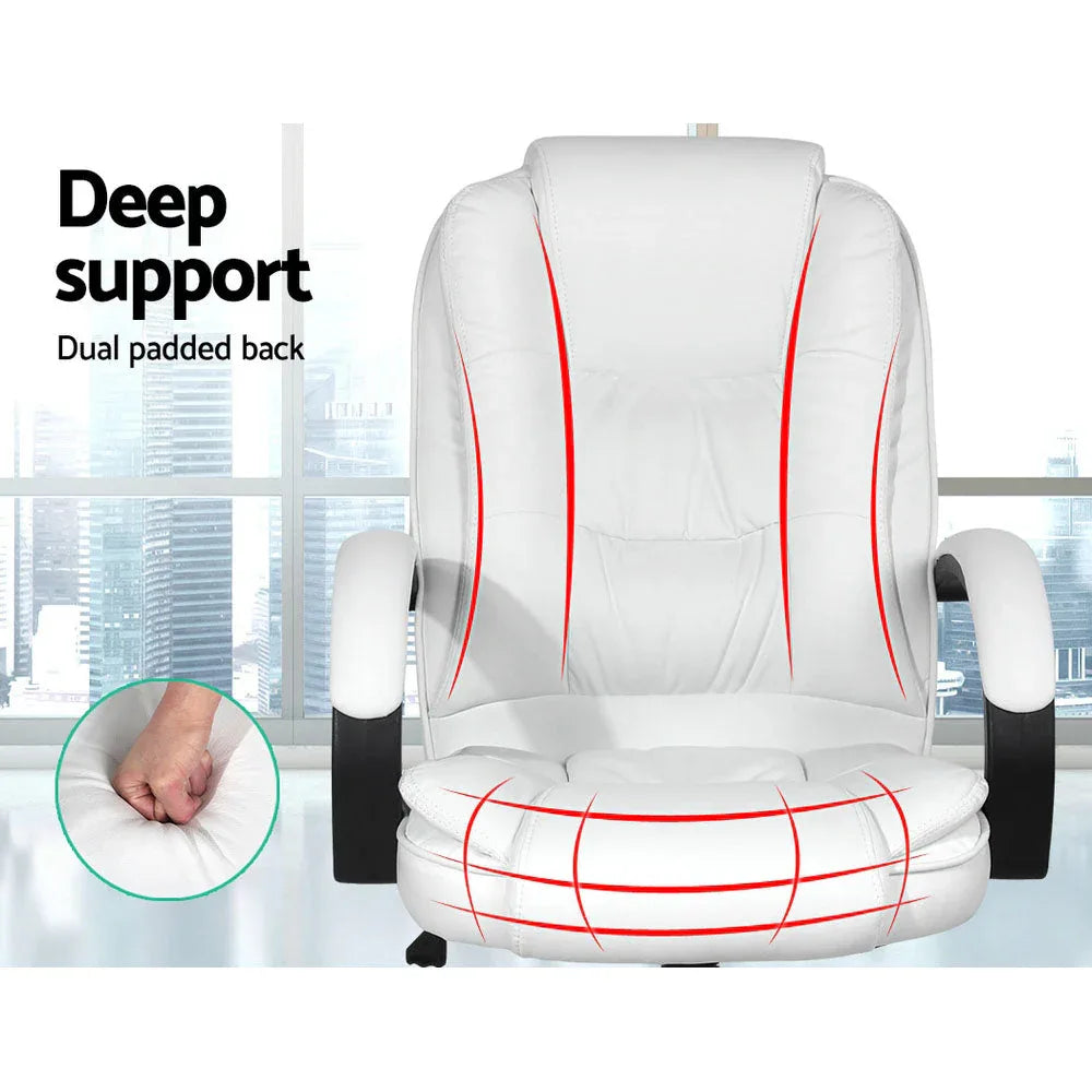 Angled front view of white Artiss office chair with chrome base and smooth castors.