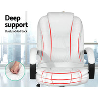 Angled front view of white Artiss office chair with chrome base and smooth castors.