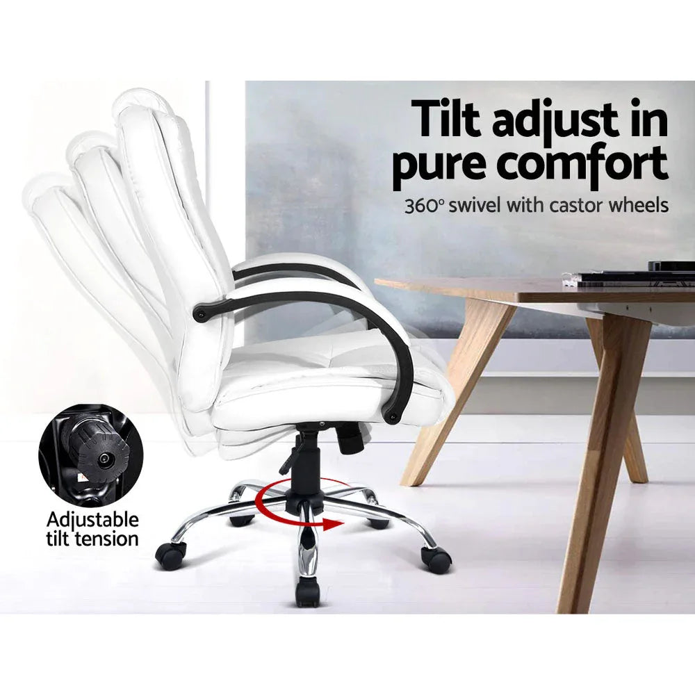 Close detail of padded armrest and cushioned seat on white PU leather office chair.