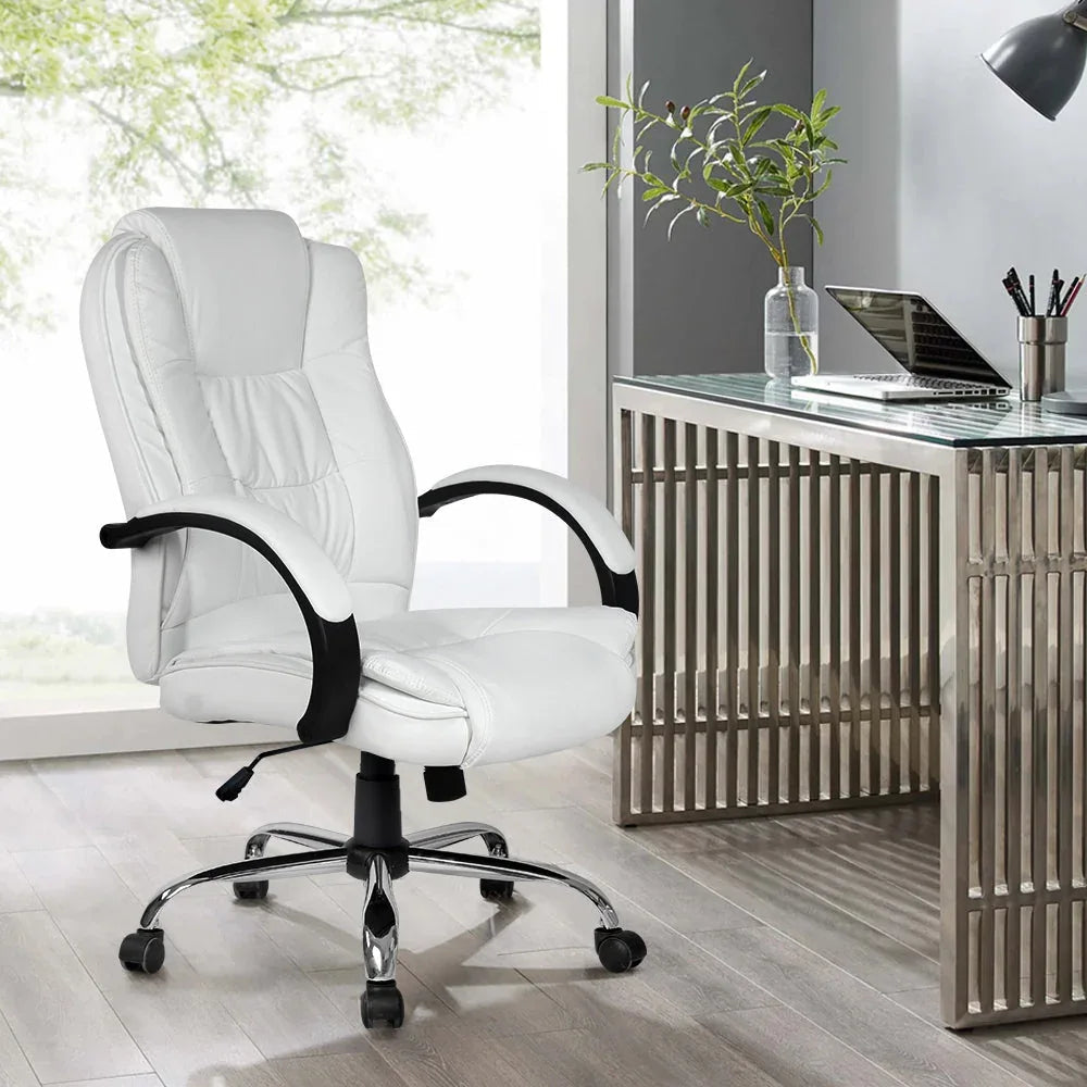 White high-back office chair with ergonomic padding shown against plain background.