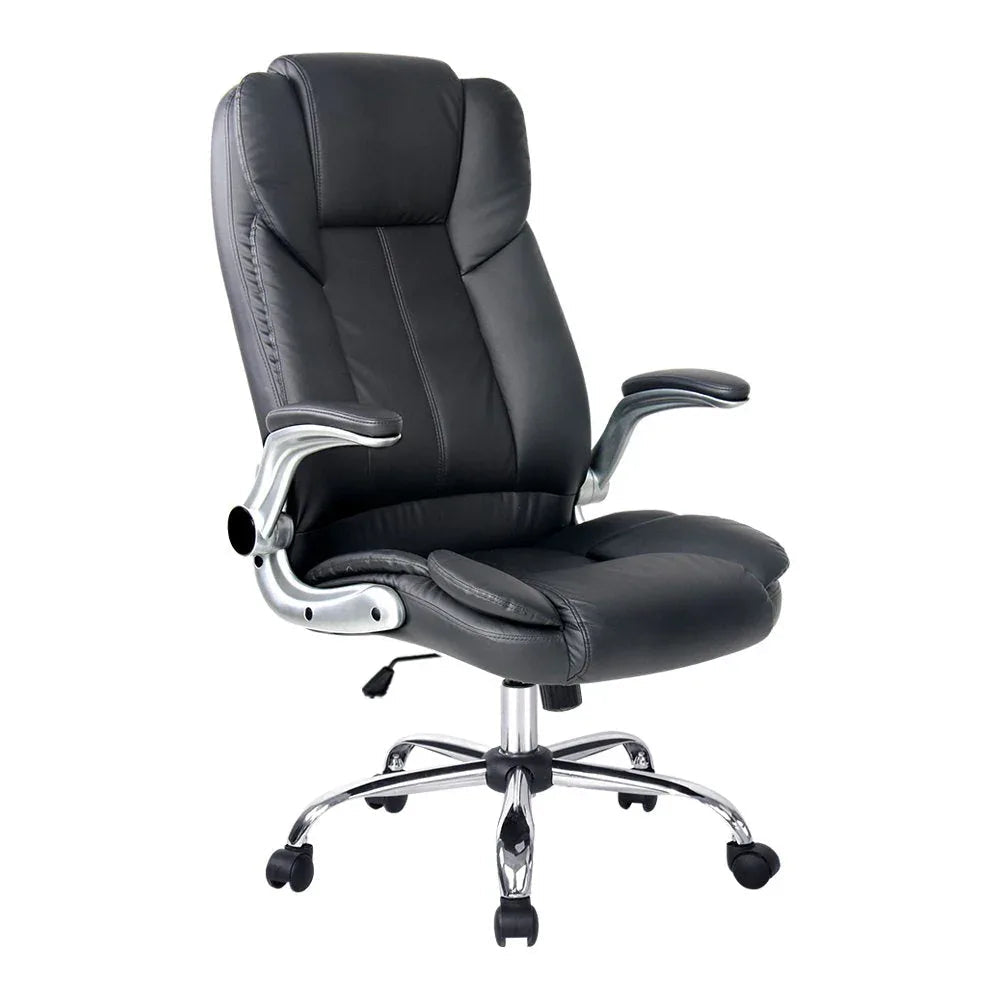Black PU leather executive office desk chair with high contoured back and padded headrest