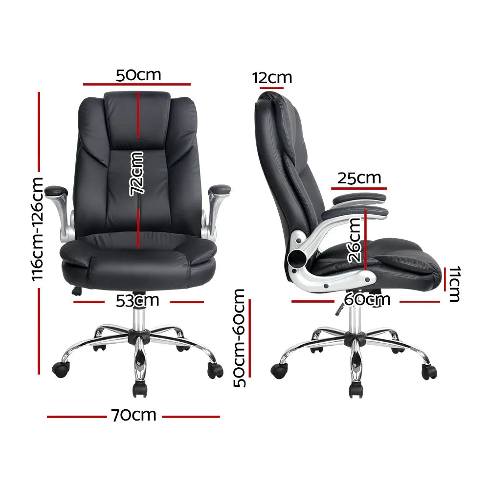 Side view of black executive chair showing retractable padded armrest and ergonomic design