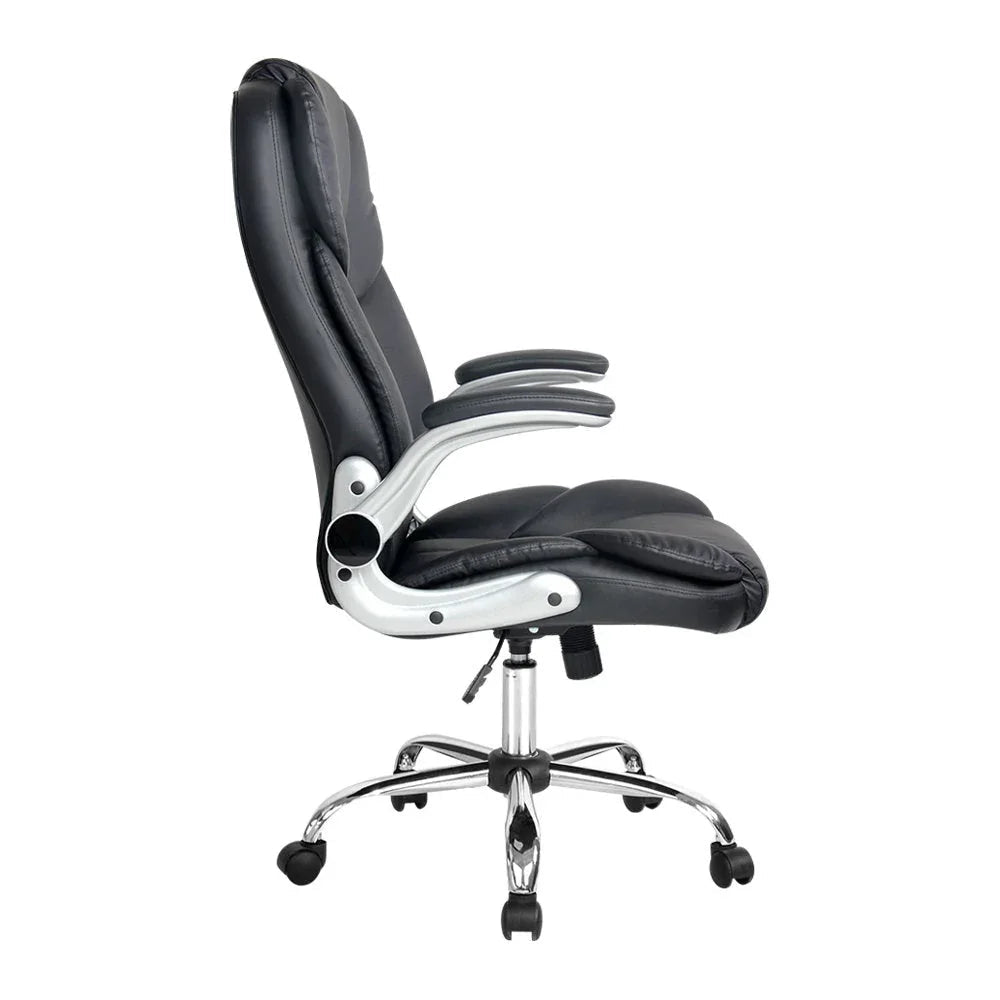 Tilted black office chair highlighting adjustable height and gas lift mechanism