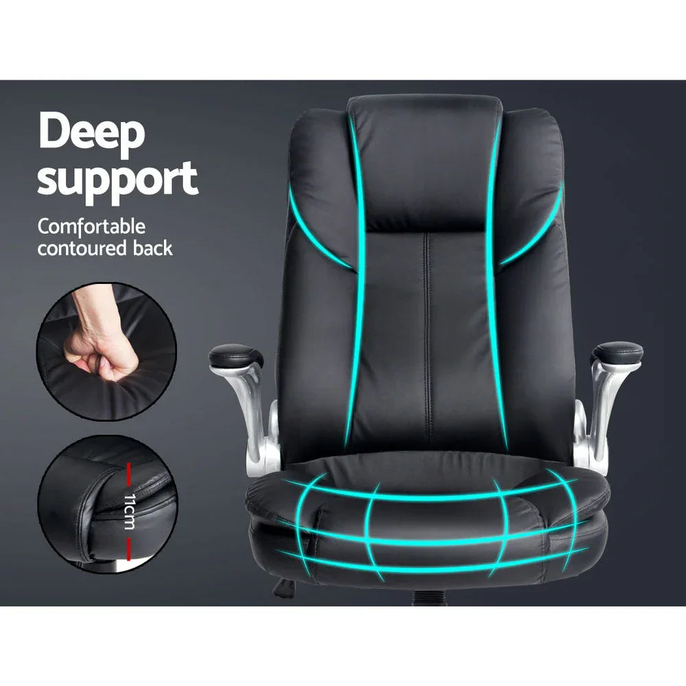 Details of chair seat with plush PU leather upholstery and ergonomic contouring