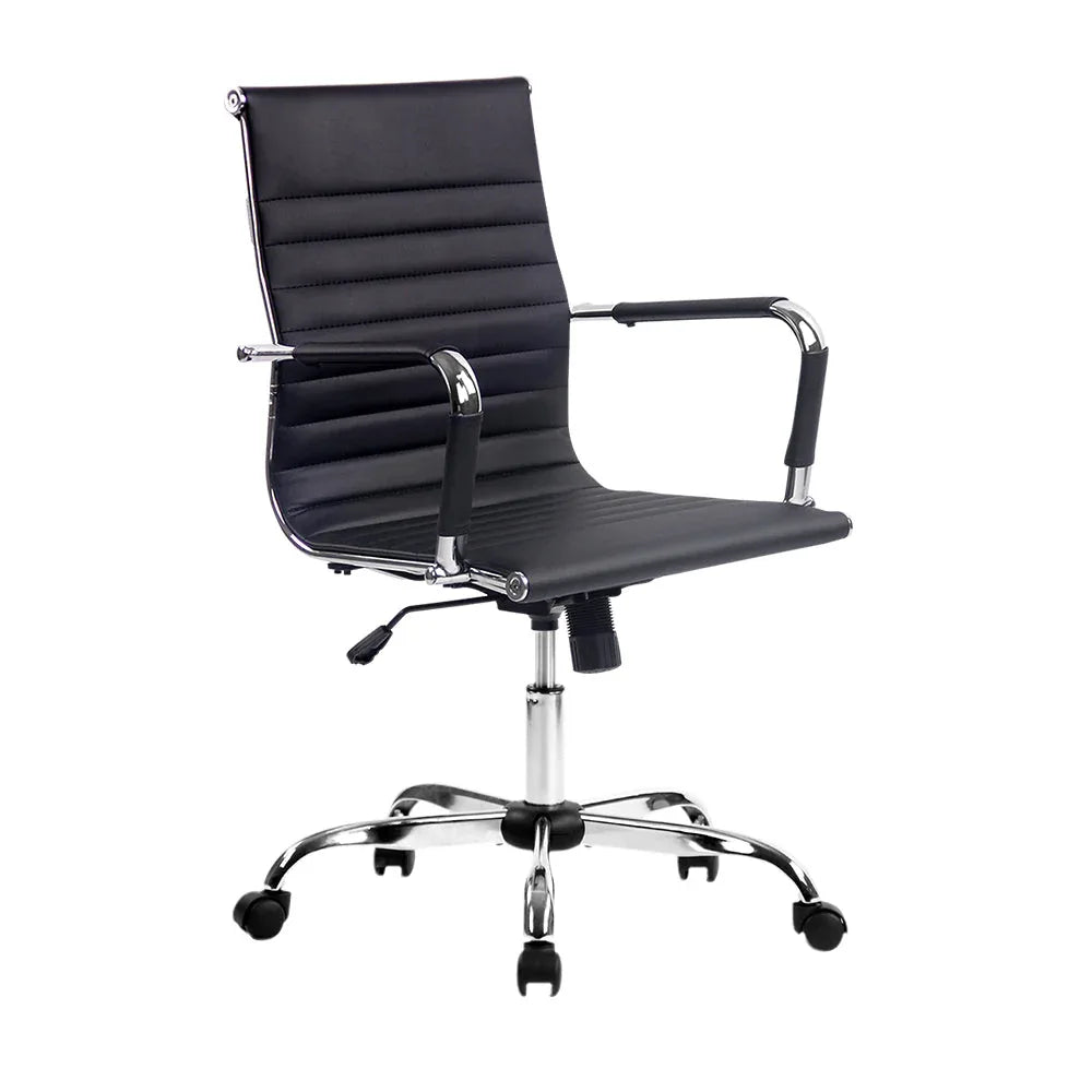 Black Artiss gaming office chair with ergonomic design and faux leather upholstery, showing front and side views.