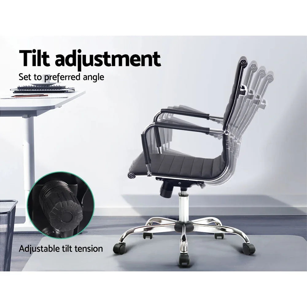 Rotatable black office chair seat with smooth caster wheels on a five-star base.